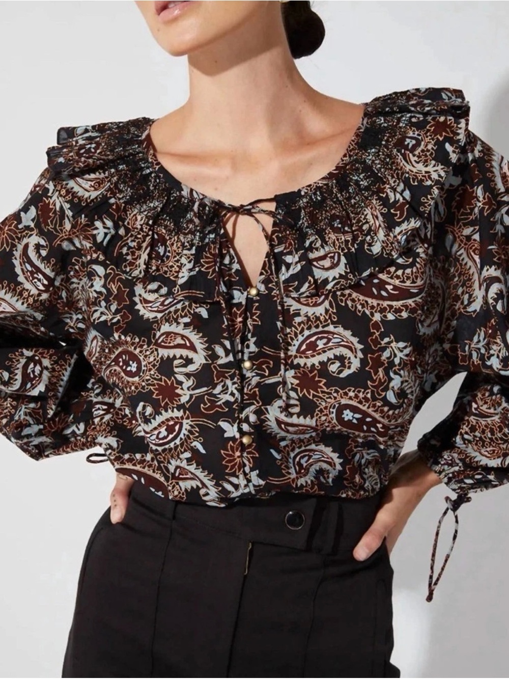 Cleobella Jillian Organic Cotton Ruffle Blouse in Avalon Block Paisley XS